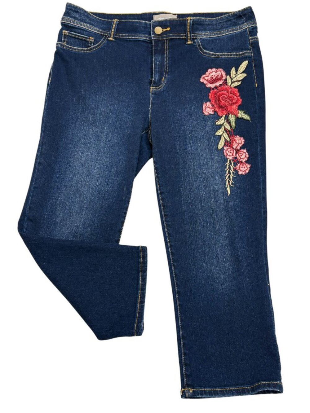 Chicos Floral Embroidery Leg Stretch Denim Mid Rise Capri